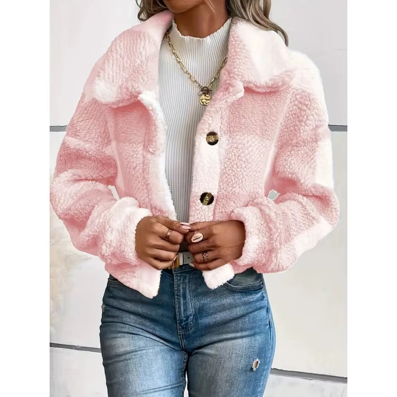 European Women'S Fall and Winter Check-Patterned Plush Button-Up Cardigan for Casual and Warm Wear