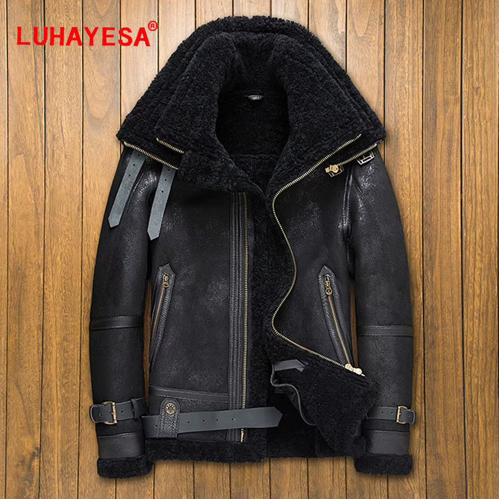 Top Quality Merino Sheepskin Fur Shearling Clothes Khaki Winter Men Casual Genuine Leather Fur Jacket