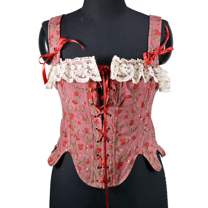 Women Corset Overbust Bustiers Lace up Front Bodices Boned Shaping Tops Petal Corduroy Tank Tops Push Breast Vest Waist Girdle