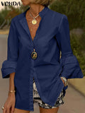 White Shirt Women Solid Color Flare Sleeve Shirts Spring Tops 2025 VONDA Sexy V Neck Button up Office Shirts Femininas Blusas