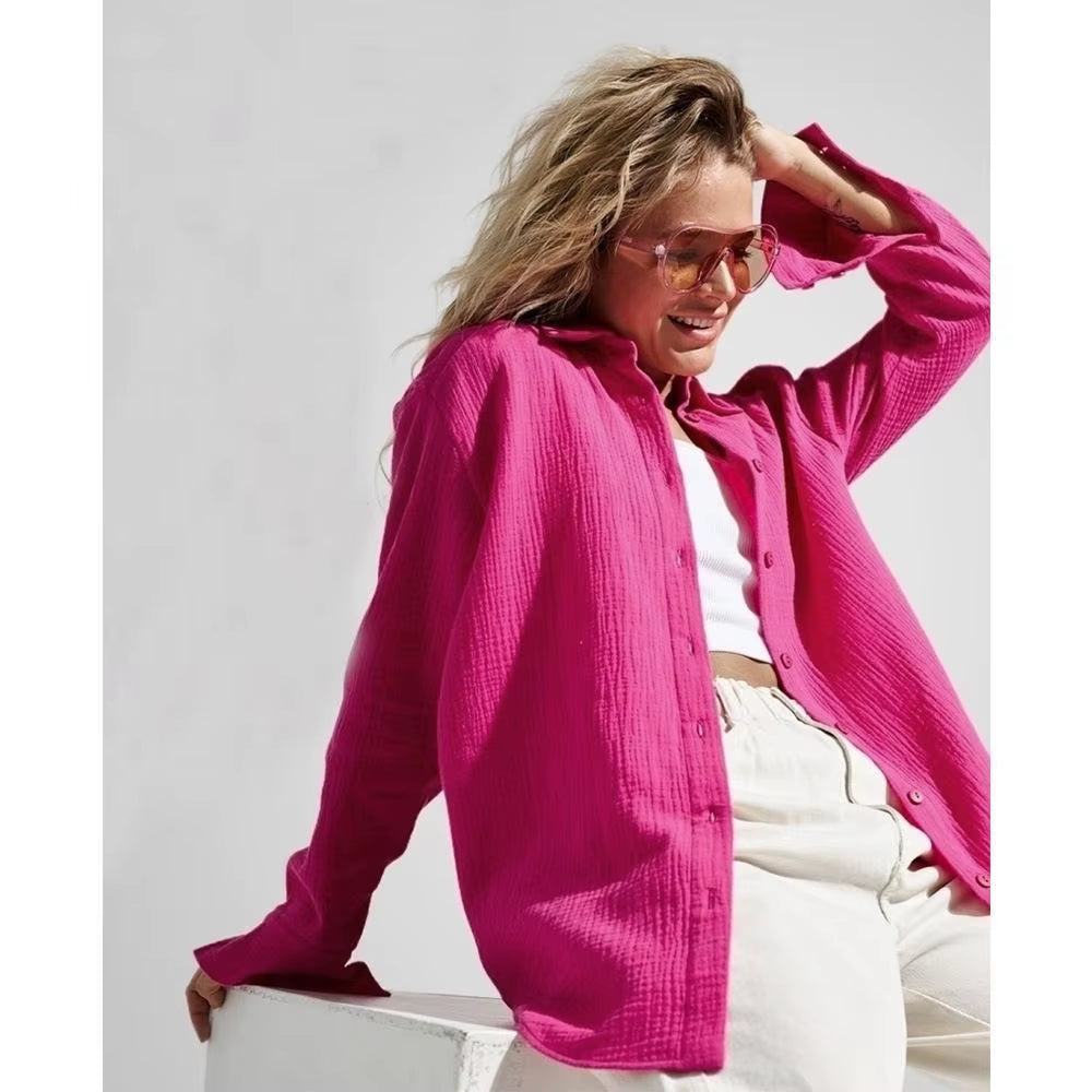Original Muslin 100% Cotton Shirt Causal Soild Loose Womens Tops Button Long Sleeve Elegant Shirts and Blouses Festival Gifts