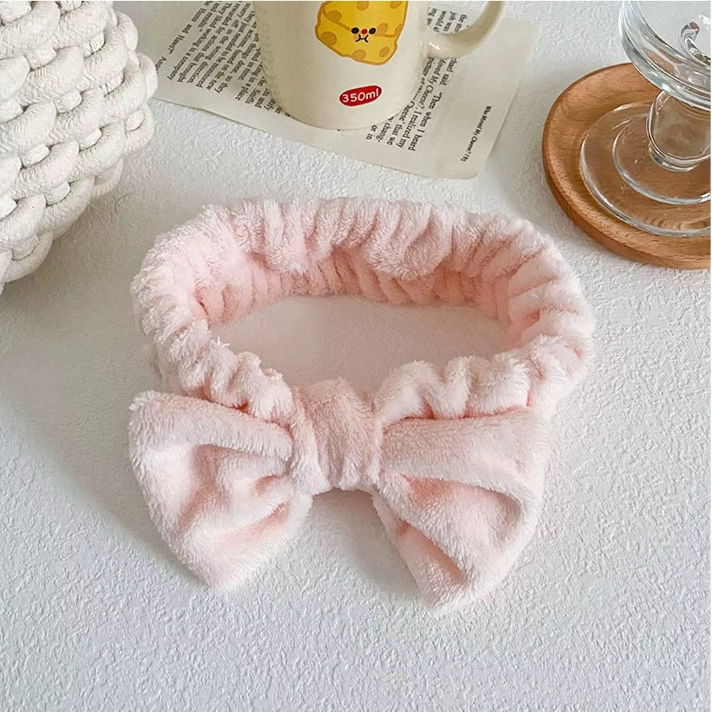 Soft Bow Spa Flannel Cosmetic Headbands Soft Color Fluffy Bowknot Elastic Hair Band Hairlace for Women Shower Makeup Headbands