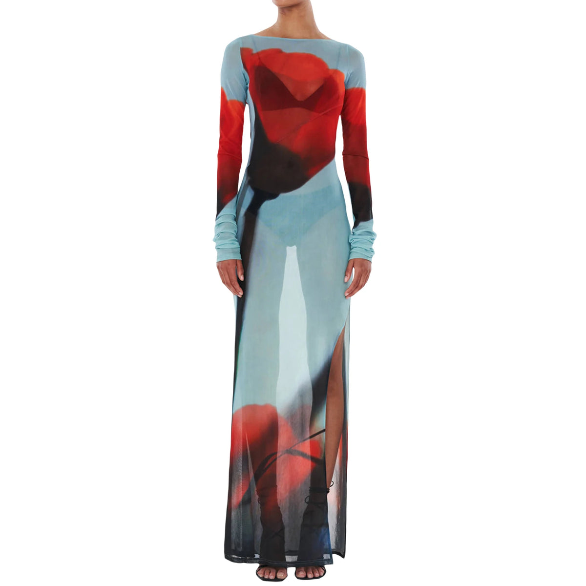 Sexy Women’S Slim Fit Long Dress Cover-Ups Sheer Mesh Long Sleeve Floral Print Beach Dress Side Split Bikini Cover-Ups