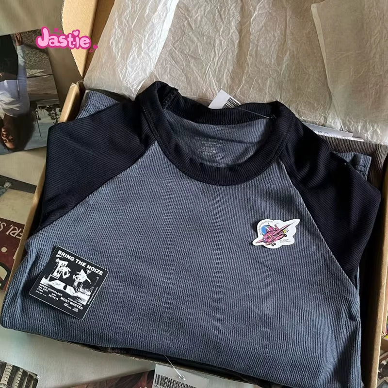 Vintage Patchwork Ribbed T-Shirt Women Autumn Casual round Neck Long Sleeve Tee Shirt Retro Streetwear Chic Cotton T Shirt Tops