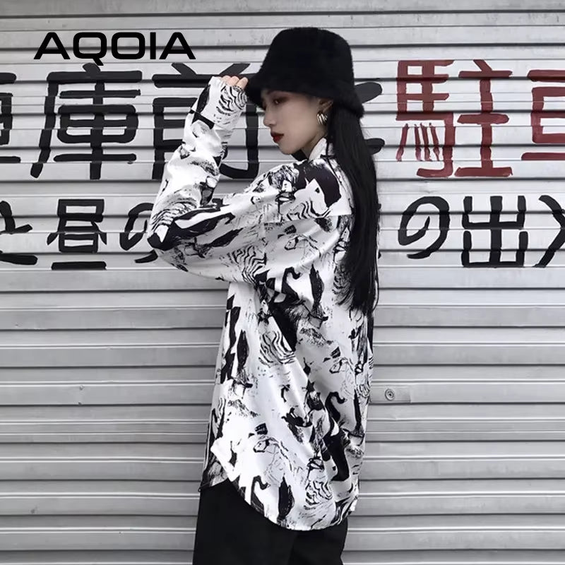 2025 Summer Harajuku Ink Printing Women Blouse Shirt Loose Long Sleeve Button up Ladies Shirt Y2K Oversize Female White Clothing