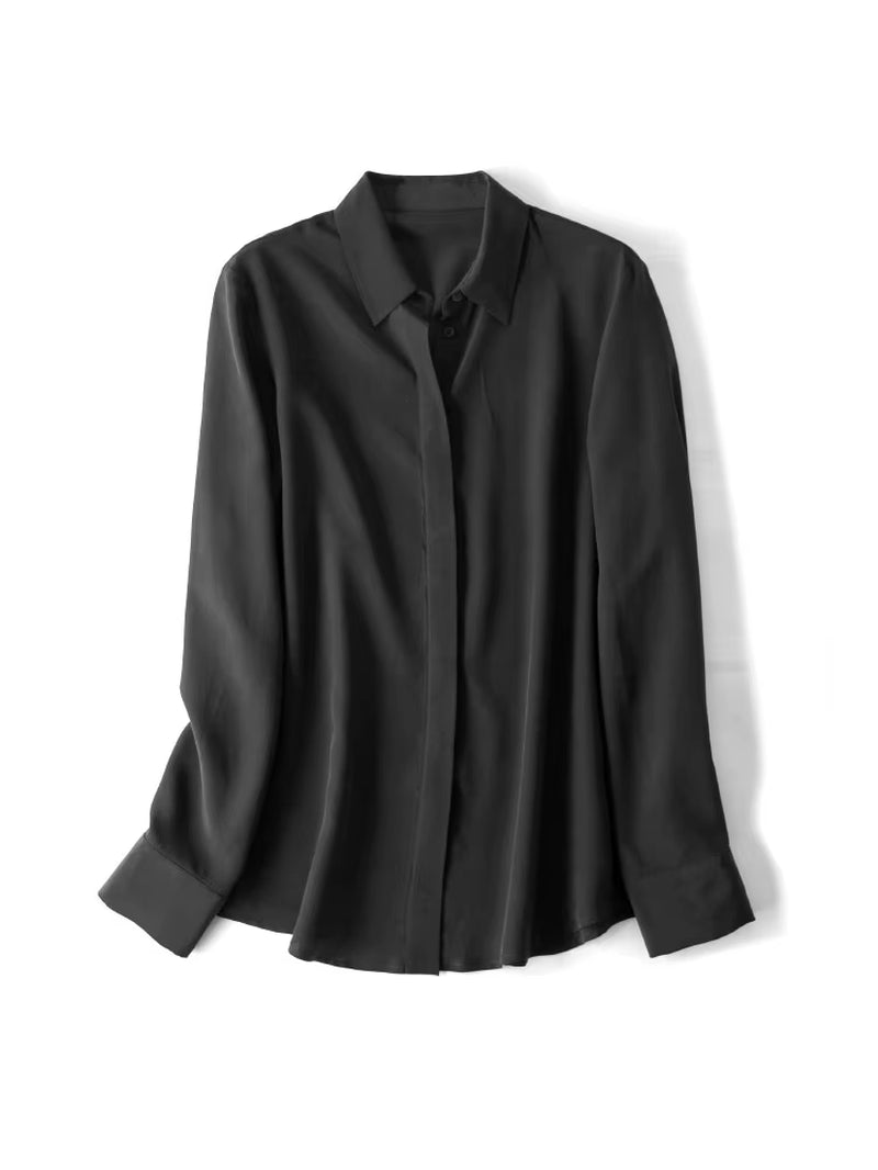 Women Silk Dress Shirts 100% REAL SILK Solid Long Sleeved Button Chic Blouses 2025 Spring Summer Office Lady Top White