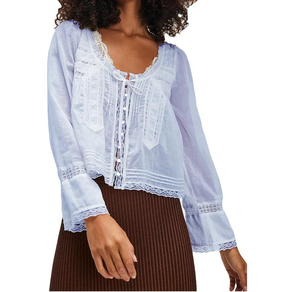 Women'S Y2K Fairy Long Sleeve Square Neck Shirts Lace Patchwork See-Through Tie-Up Front Button-Down Blouse Crop Tops