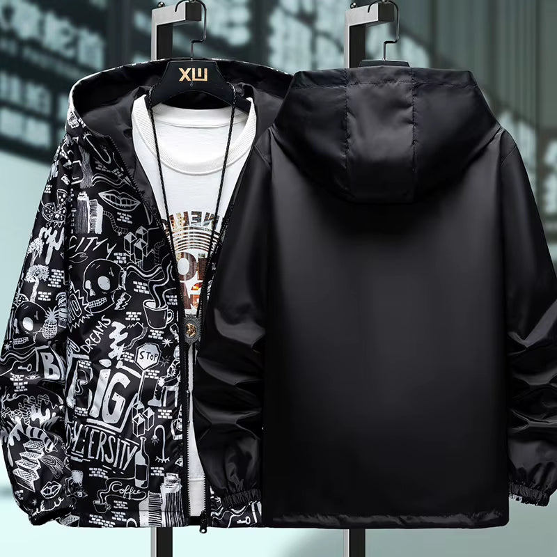 Strewear Graffiti Printed Fashion Reversible Jacket Men Thin Hooded Jackets Windbreakers Clothing plus Size M-5XL