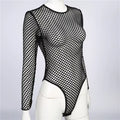 Women Summer Net Hole Fishing Jumpsuit Bottoming Sexy Backless Perspective Temptation Bodysuit Mesh Stretchy Long Sleeve Bikinis