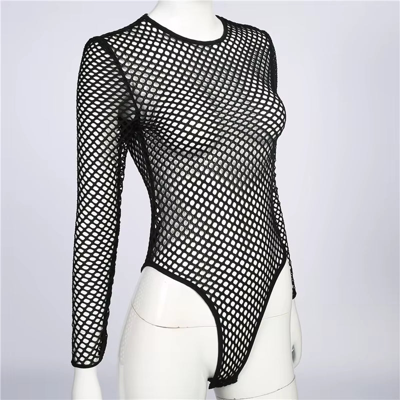 Women Summer Net Hole Fishing Jumpsuit Bottoming Sexy Backless Perspective Temptation Bodysuit Mesh Stretchy Long Sleeve Bikinis
