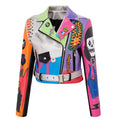 3Xl Women and Men Rivet Beading Pu Leather Jacket Hit Color Streetstyle Graffiti Outerwear Letters Printed Leather Jackets