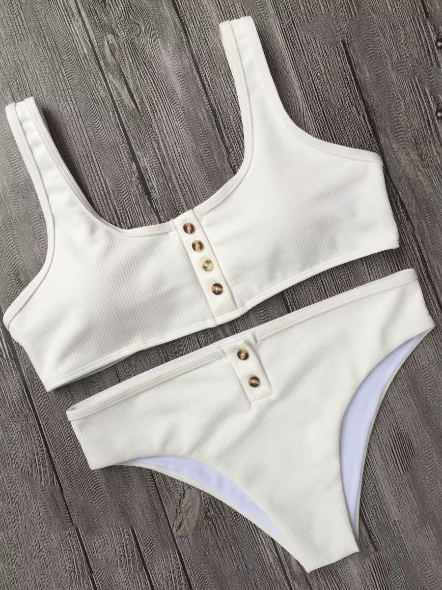 Sexy Sport Button Bikini 2025 Bandeau Swimwear Women Ribbed Swimsuit Female Two Pieces Bikini Set Bathers Push up Bathing Suit