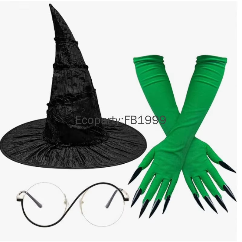 Halloween Evil Witch Costume Set for Women Gothic Wizard Cosplay Green Claw Gloves Sharp Hat Set Adult Carnival Party Dress Up