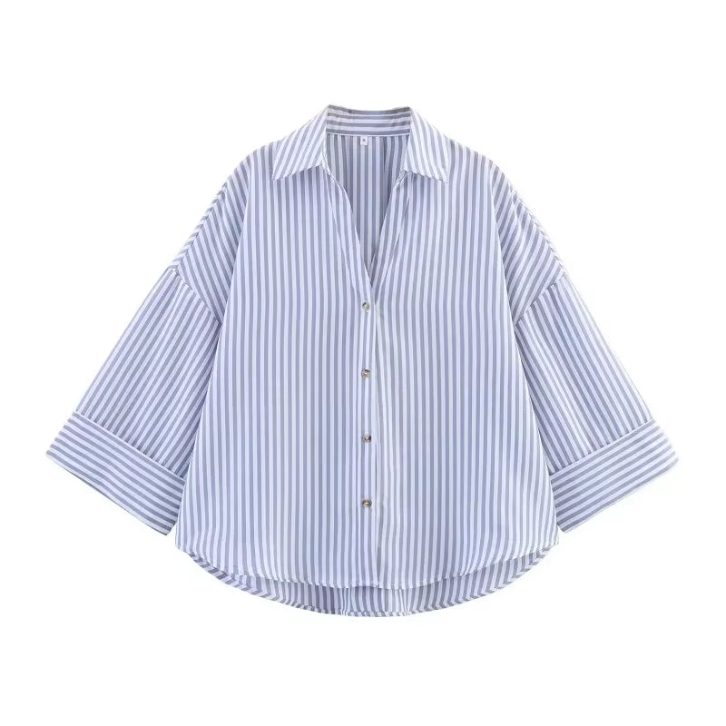 Striped Women'S Shirt White Loose Casual Shirts for Women Summer Button up Shirts and Blouses Woman Wide Sleeve Ladies Top