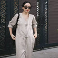 Korean Simple V-Neck Women Jumpsuits Spring New Loose Button Ankle-Length Female Bodysuits