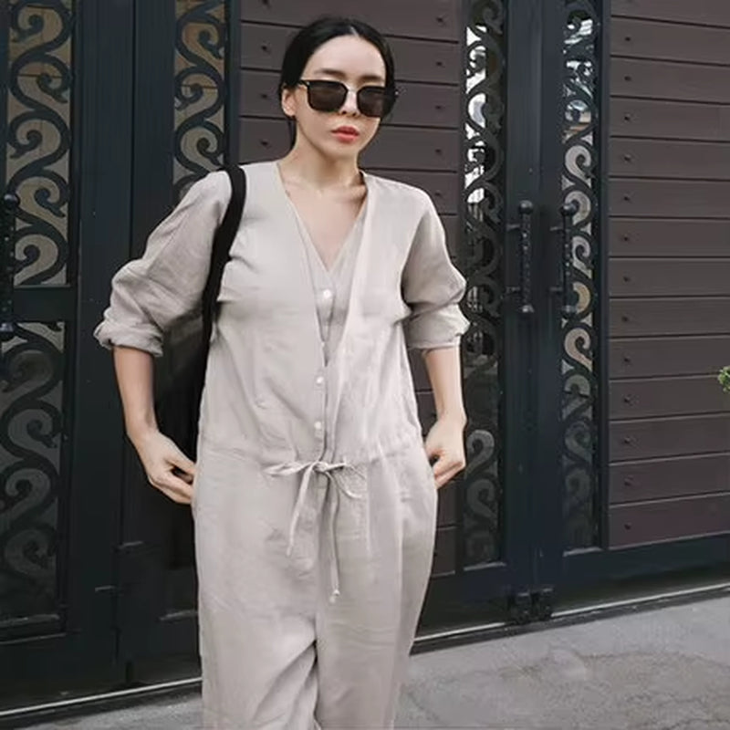 Korean Simple V-Neck Women Jumpsuits Spring New Loose Button Ankle-Length Female Bodysuits
