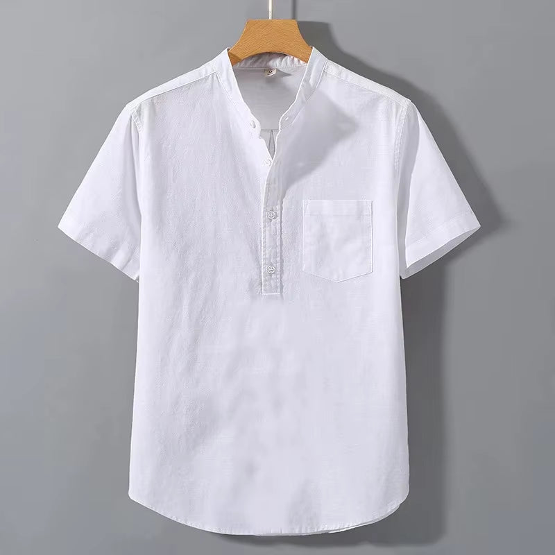 New Mens Short Sleeve T Shirts Solid Color Stand up Collar Shirt Summer Trendy Breathable Loose Youth Basic Cotton Pocket Top