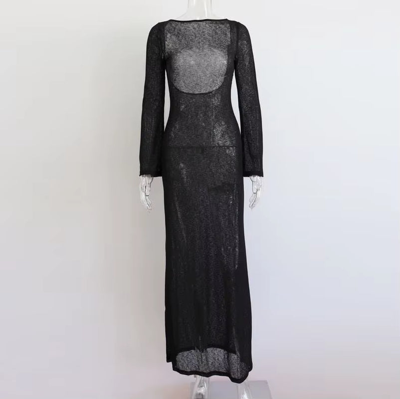 Women'S Wrapped Beach Dress Bikini Cover-Ups Long Sleeve round Neck See through Sunscreen Backless Beach Long Dresses