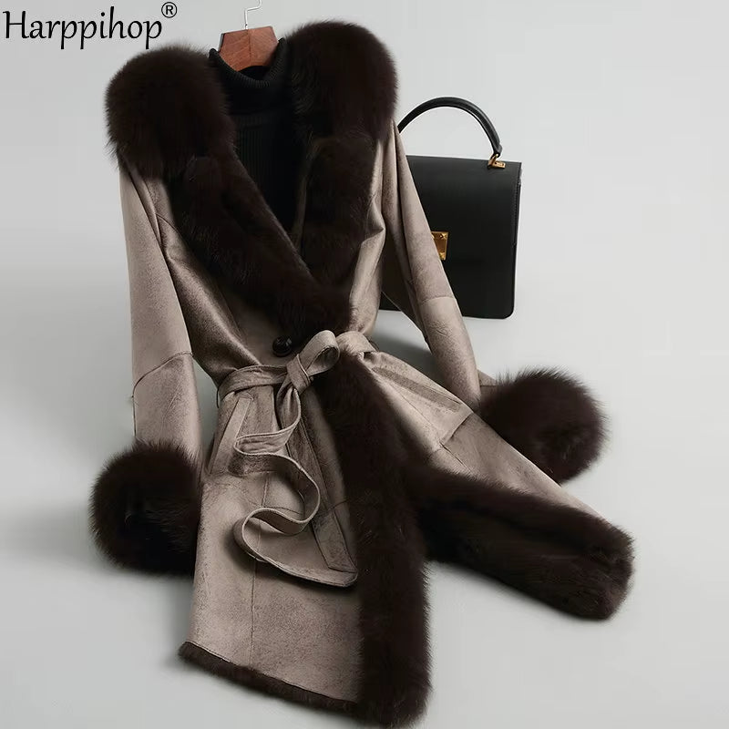 Fur Leather Rabbit Fur Coat Coat Female Fox Fur Collar Slim Long-Sleeved Fur Coat Female