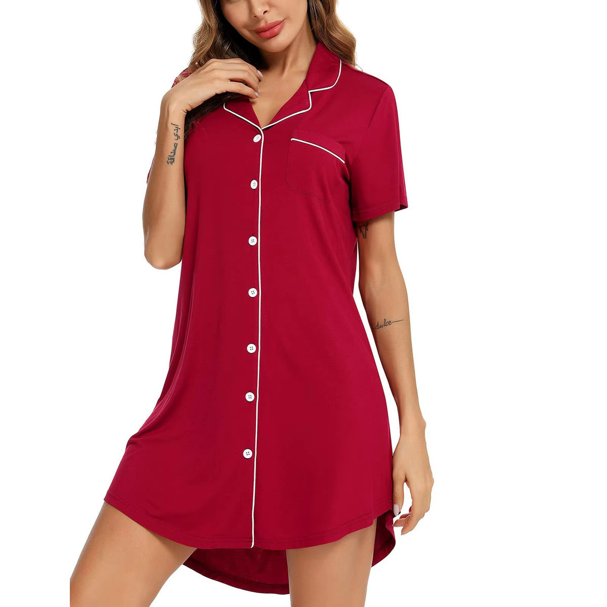 Pajama Nightgown for Women Short Sleeve Button down Nightwear Top Sleep Shirts Solid Women'S Nightdress Ladies Sleepwear Home