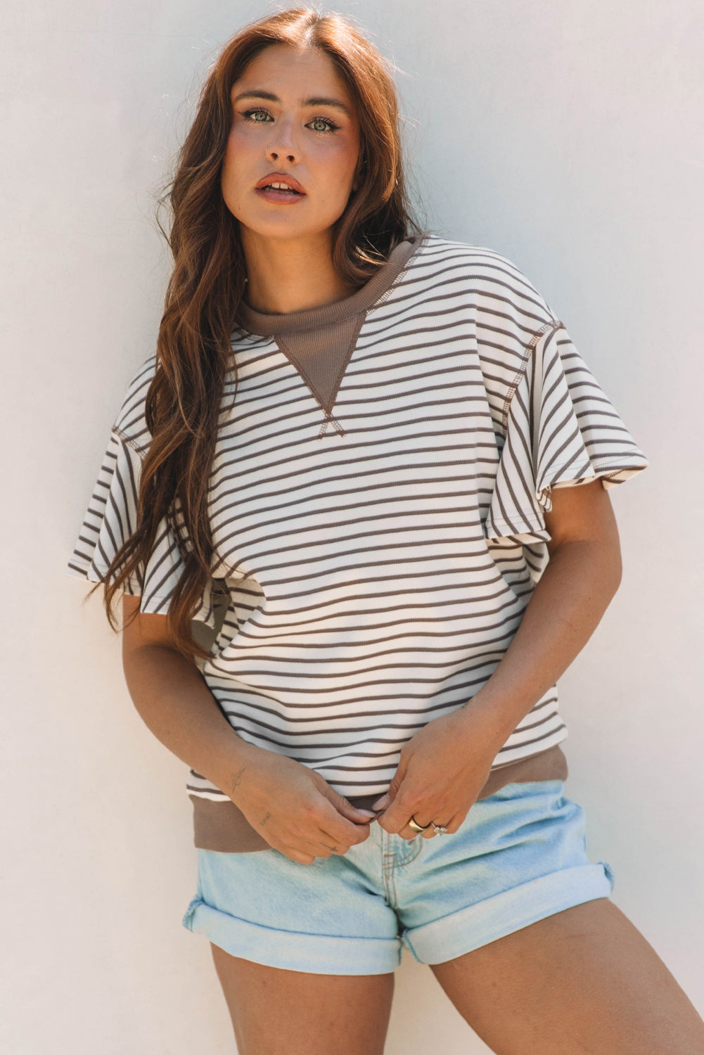 Alexia Striped Ruffle Short Sleeve Top-0