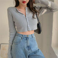 Long Sleeve Casual T Shirt Cropped Cardigans Autumn Thin Women'S Knitted Cardigan Sexy Solid Color Women T-Shirt Crop Trendy