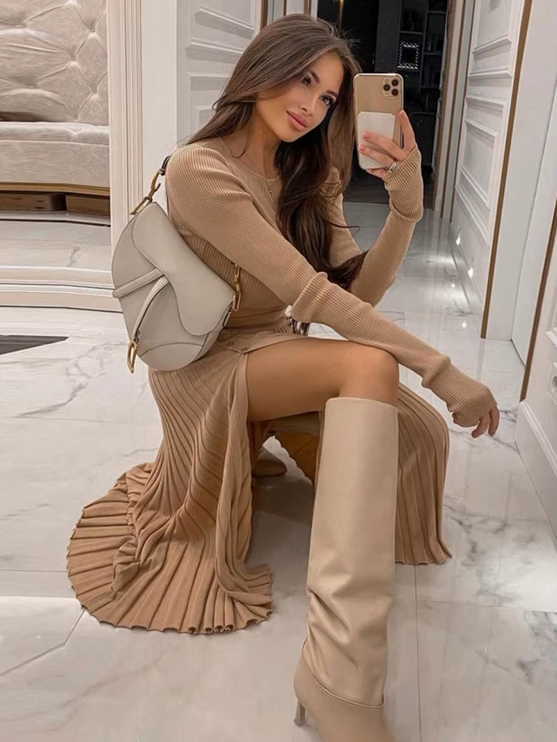 Solid Sexy Sweater Cropped Top Midi Skirt Two Piece Set Women Matching Set Outfits Button up Split Skirts Winter