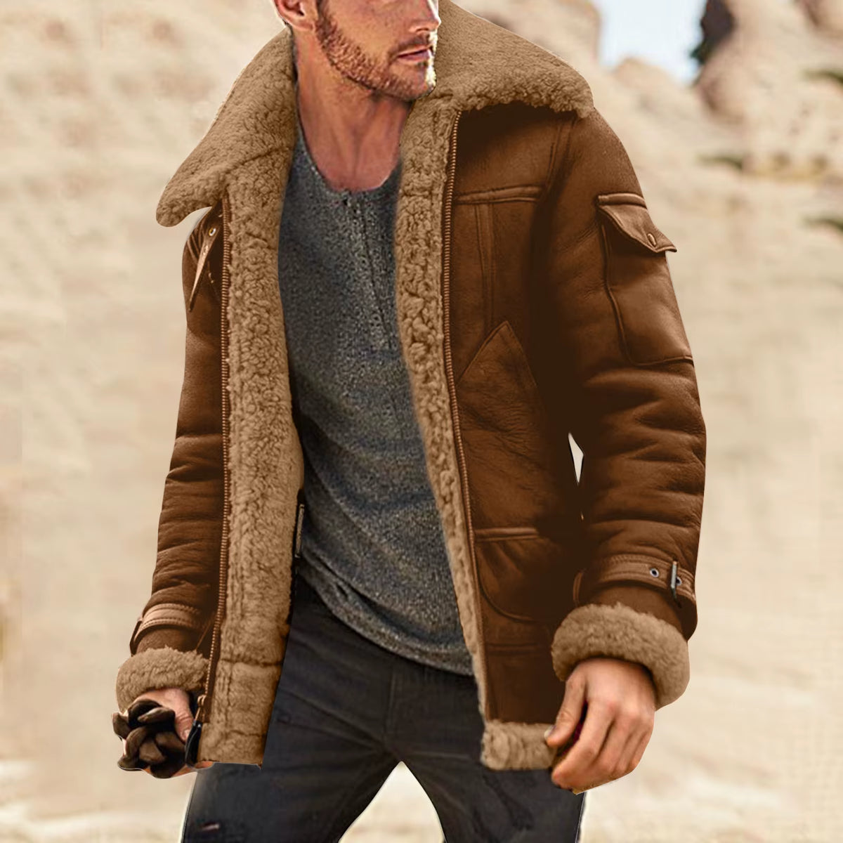 Men plus Size Winter Scrub Leather Jackets Long Sleeve Fleece Lined Leather Jacket Vintage Thicken Padded Windbreaker Outwears