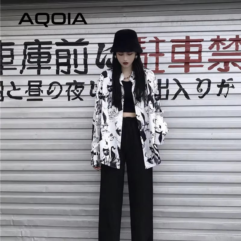 2025 Summer Harajuku Ink Printing Women Blouse Shirt Loose Long Sleeve Button up Ladies Shirt Y2K Oversize Female White Clothing