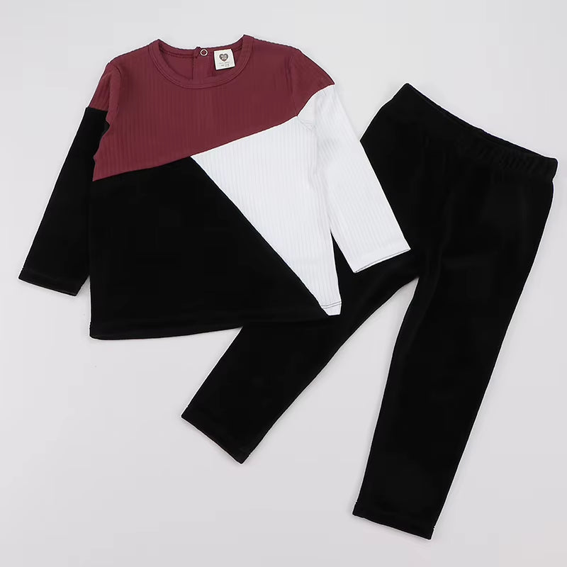 Child Pajamas 2 Pieces Set Top and Pants Velour/Ribbed Kids Clothes Boy Girl Clothing round Neck Long Pants Baby Set 24M-10 Year