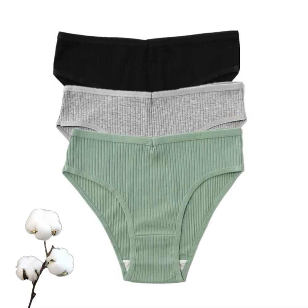3Pcs Simple Cotton Underwear for Women Ribbed Solid Color Comfort Briefs Ladies Elastic Breathable Panties Sport Bikini M-XXL