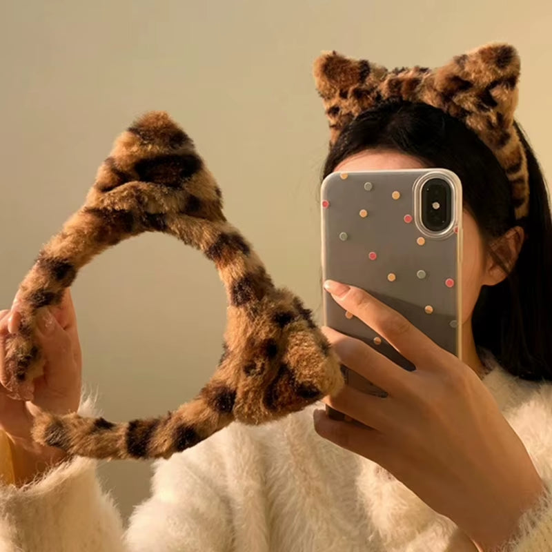 1/2Pcs Faux Fur Headwear Leopard Print Hair Accessories Hair Hoop Washing Face Plush Hair Bands Cat Ears Headbands Party Wear