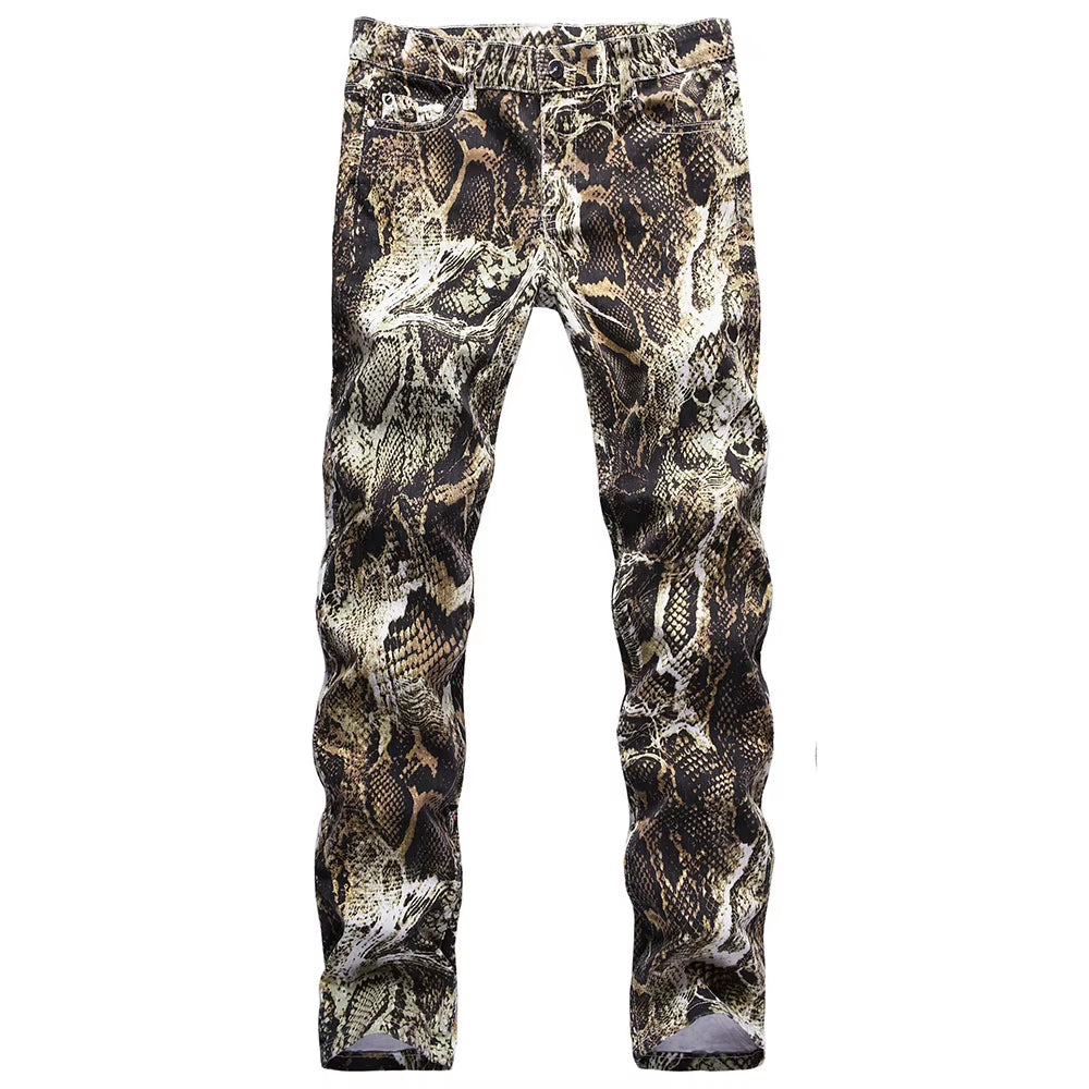 Men'S Fashion Snakeskin Print Jeans Slim Colored Stretch Denim Pants for Man