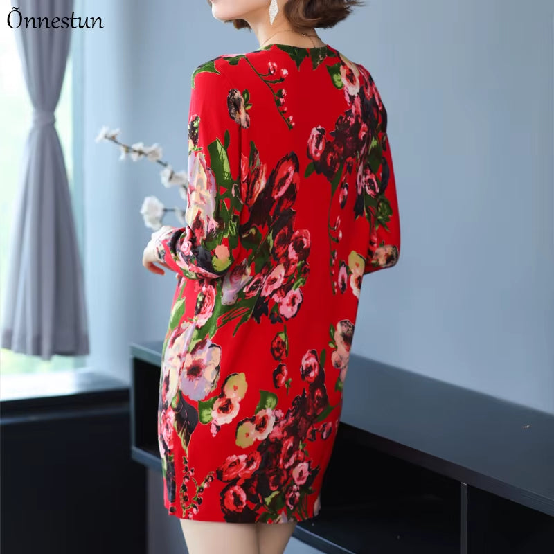 Floral Print Long Sweater Dress Autumn Casual Long Sleeve Pullovers Knitwear Jumper Pull Elasticity Long Sweater Women