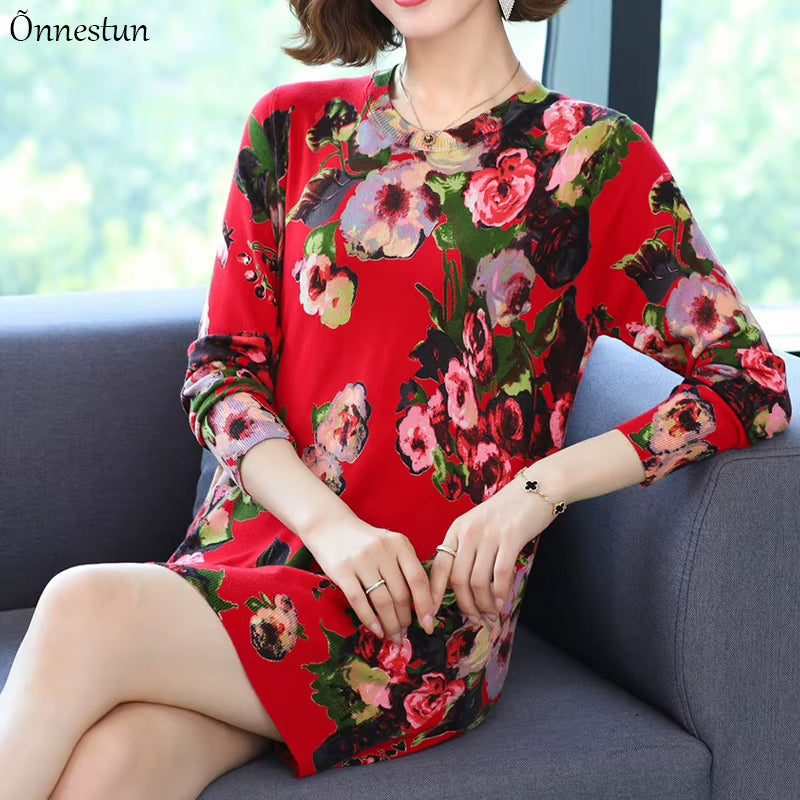 Floral Print Long Sweater Dress Autumn Casual Long Sleeve Pullovers Knitwear Jumper Pull Elasticity Long Sweater Women