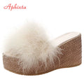 9Cm Heels Slides Women'S Shoes Woman Slippers Faux Fur Slides Wedge Platform Women Shoes Beach Sandals Zapatos Mujer