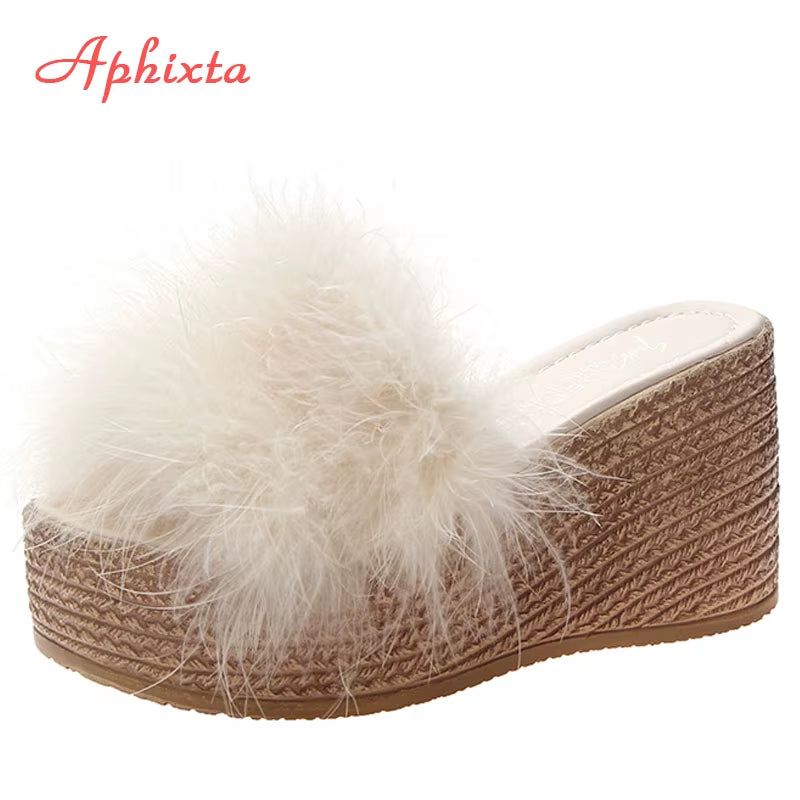9Cm Heels Slides Women'S Shoes Woman Slippers Faux Fur Slides Wedge Platform Women Shoes Beach Sandals Zapatos Mujer
