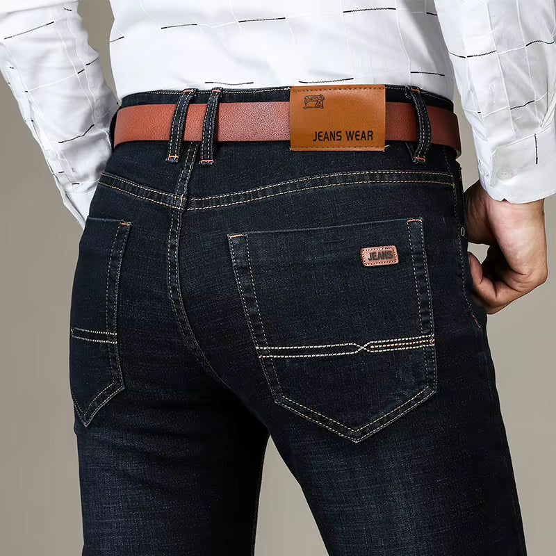 Business Men'S Jeans Casual Straight Stretch Fashion Classic Blue Black Work Denim Trousers Male Brand Clothing