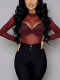 Sexy Women Blouses See through Transparent Mesh Stand Neck Long Sleeve Sheer Blouse Shirt Ladies Tops Tee