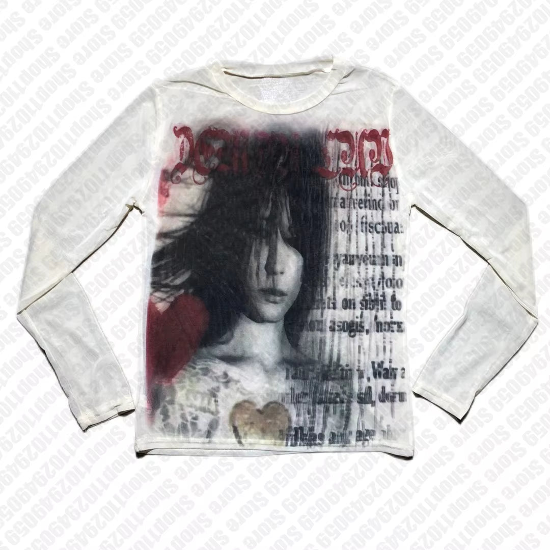 Vintage Fashion Casual Tops Letter Print Harajuku Graphic Baby Tees Shirt Long Sleeve Streetwear Y2K Aesthetics T-Shirts Grunge