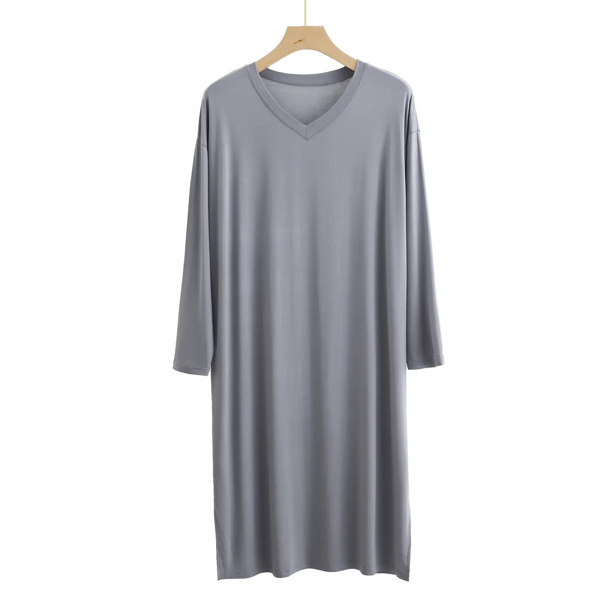 Modal Men'S round Neck Long Sleeve Nightgown Sleepwear Clothes Mid-Long Knee Length Soft and Comfortable Nightwear Dresses