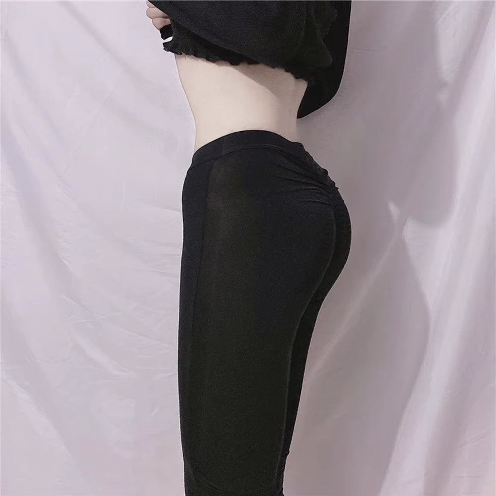 Black White Womens Ice Silk Pleated Leggings Elastic Sheer Thin Skinny Trousers Sexy Female Leggings See Through