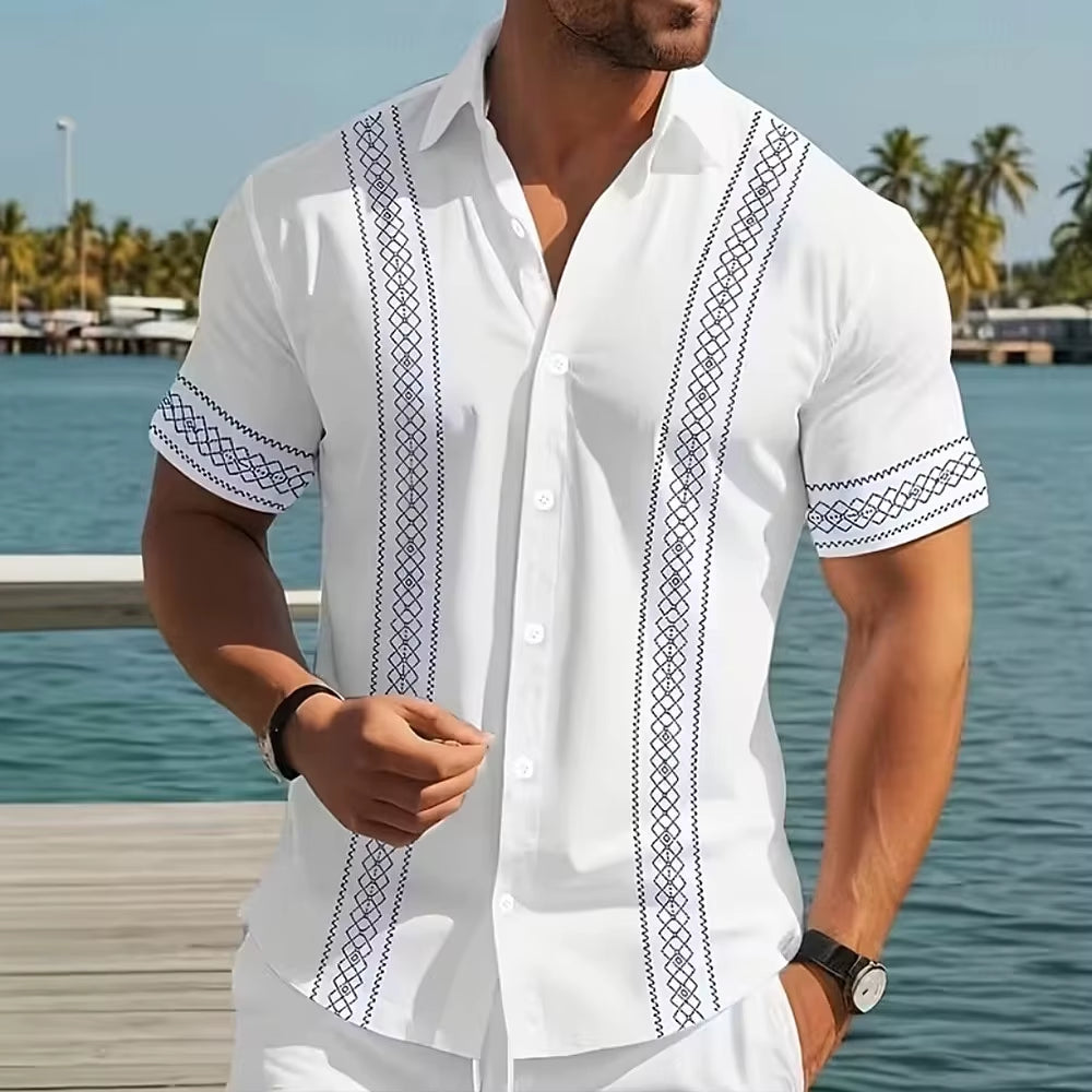 Men'S Striped Geometric Shirt Button up Short Sleeve 3D Print Turndown Shirt Black White Khaki