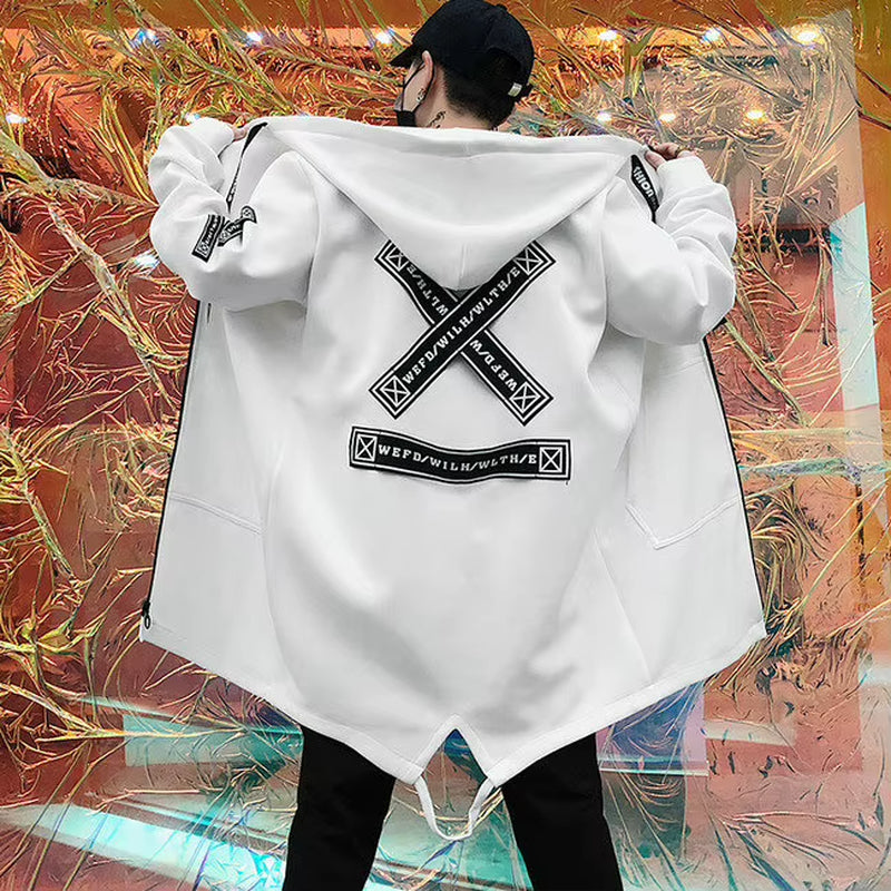 2026 Autumn Men Hooded Jackets Print Harajuku Windbreaker Ribbon Overcoat Male Casual Outwear Hip Hop Streetwear Coats LBZ155