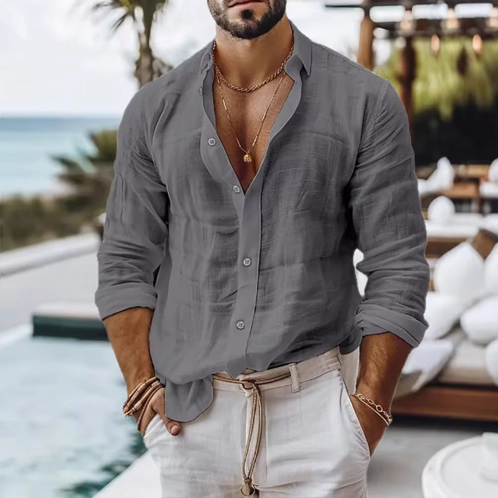 Cotton Linen Shirt for Men Summer Beach Style Solid Color Single Breasted Breathable Shirts Lightweight Stylish Button Tops