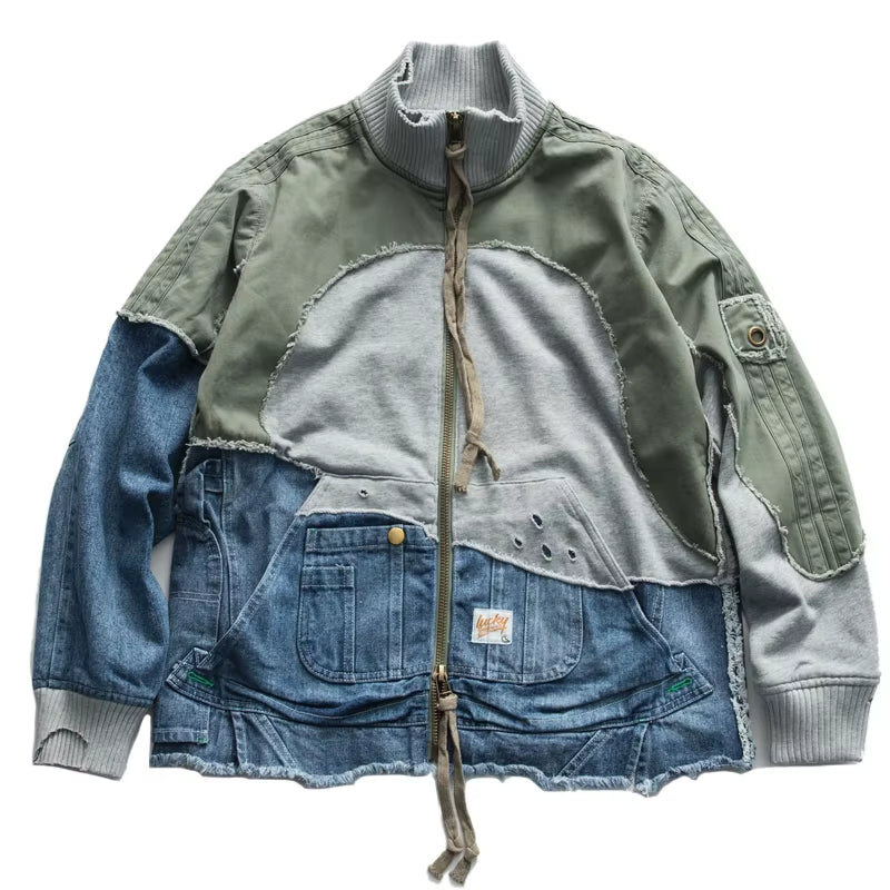 Hi Street Ripped Patchwork Denim Jackets Men'S Vintage Turtleneck Cotton Coat