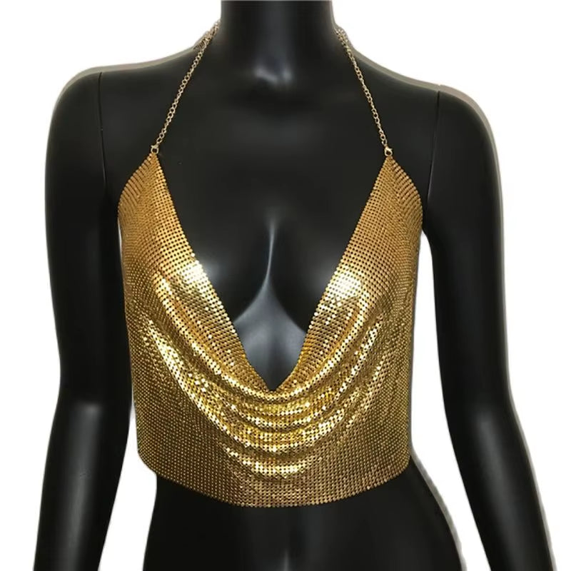 Women 2025 Sexy Metal Sequined Tank Camis Summer Gold Silver Backless Cropped Glitter Beach Club Show Wear Tank Tops