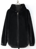 Winter Black Warm Soft Fluffy Jackets for Women Long Sleeve Zipper Hooded Faux Fur Coat Korean Fashion 5Xl 6Xl 7Xl