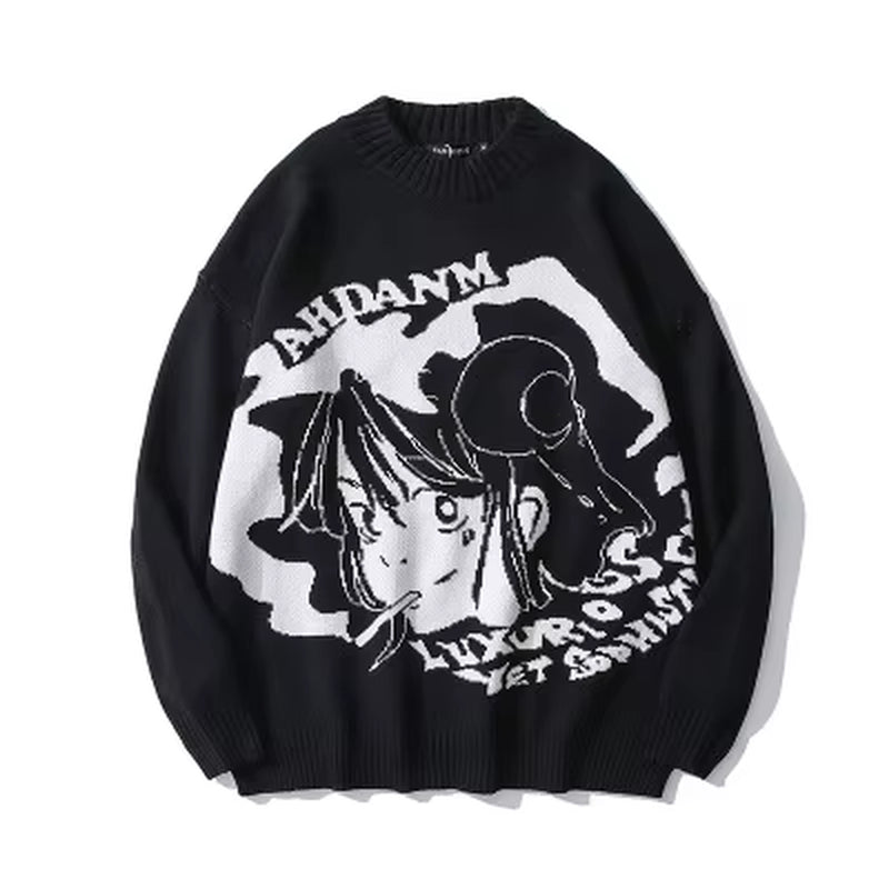 Anime Girl Knitted Sweater Men Hip Hop Street Loose Wool Jumper Vintage Pullover Women Japanese Harajuku Gothic Spring Sweaters