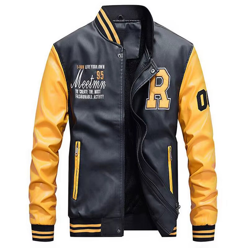 Jacket Men Embroidery Baseball Jackets Pu Leather Coats Slim Fit College Luxury Fleece Pilot Leather Jackets Casaco Masculino